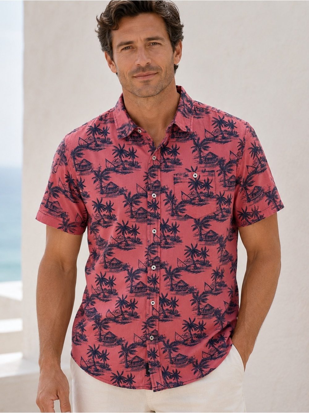 Artistry in Motion Tropical Shirt Mens XL Slim Fit Pink Cotton Resort Hawaiian